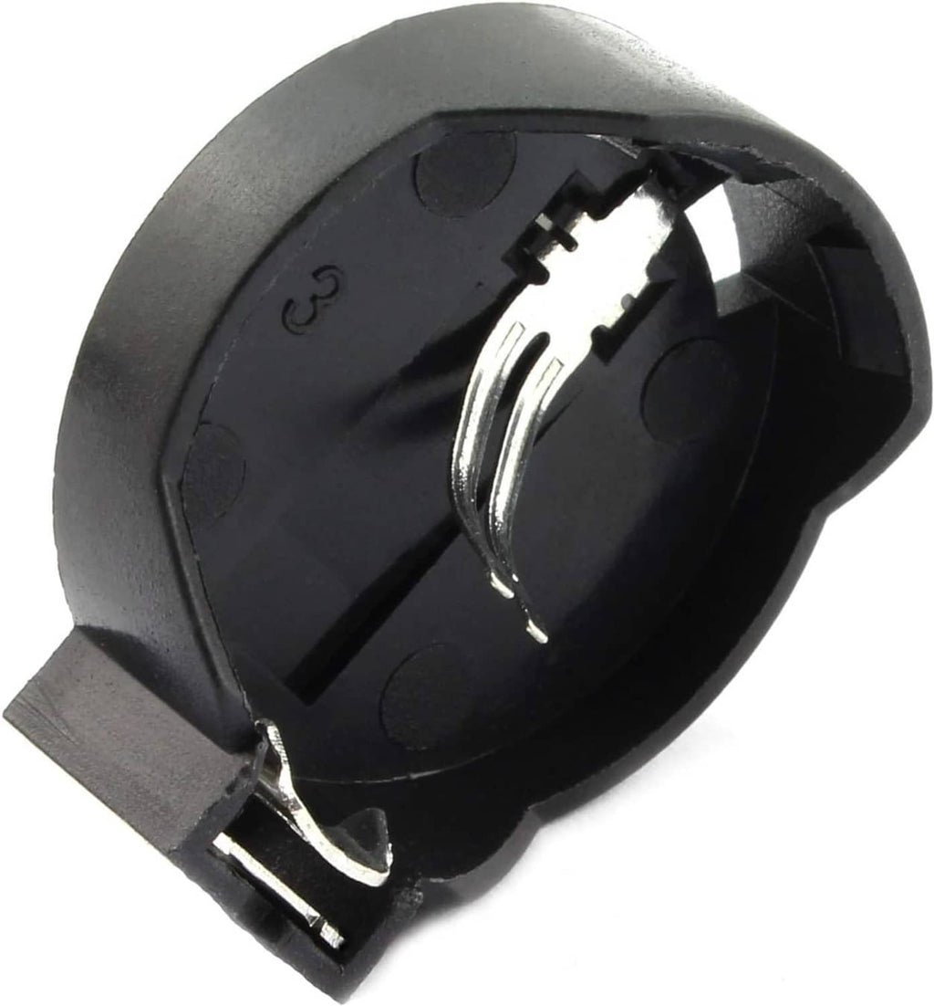 CR2032 2-pin DIP battery holder, close-up of black shell and spring contact