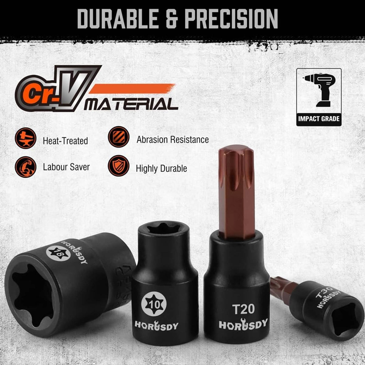 Durable Torx socket bits with black bodies and brown tips, marked T10 and T20