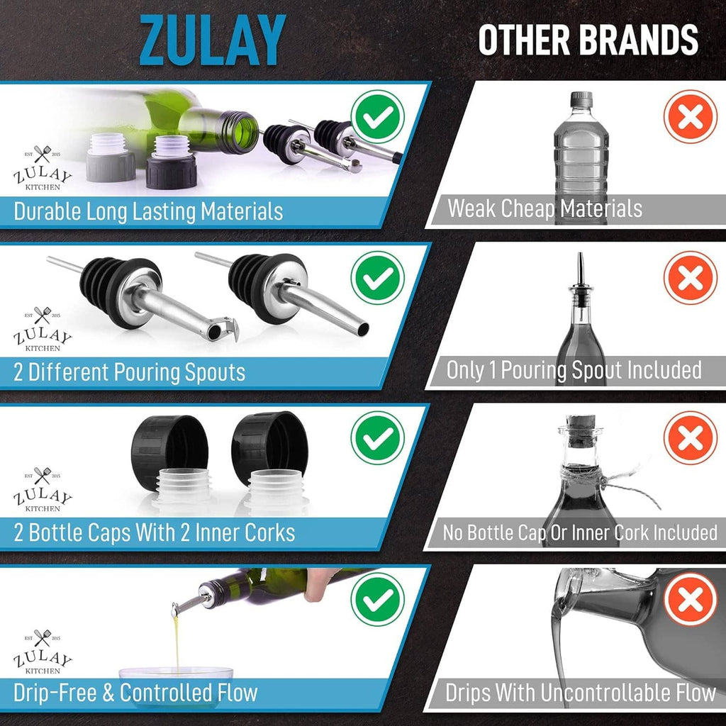 Olive oil dispenser pouring spouts and bottle caps shown side by side, 2-pack set