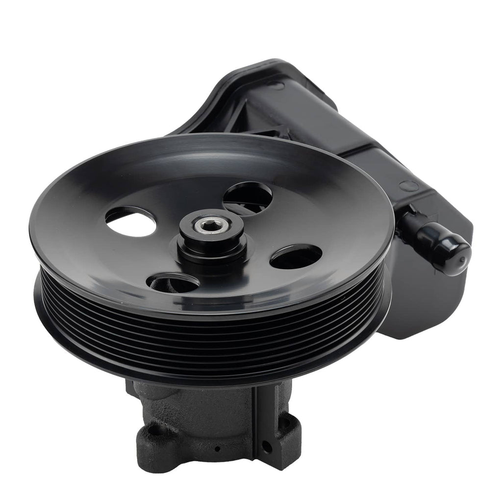 Power steering pump with reservoir, front view of grooved pulley and mounting plate