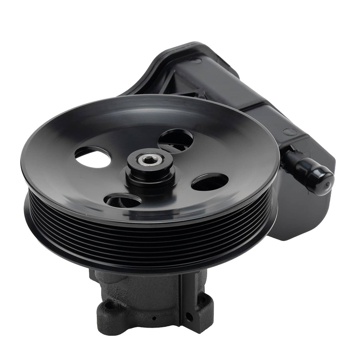 Power steering pump with reservoir, front view of grooved pulley and mounting plate