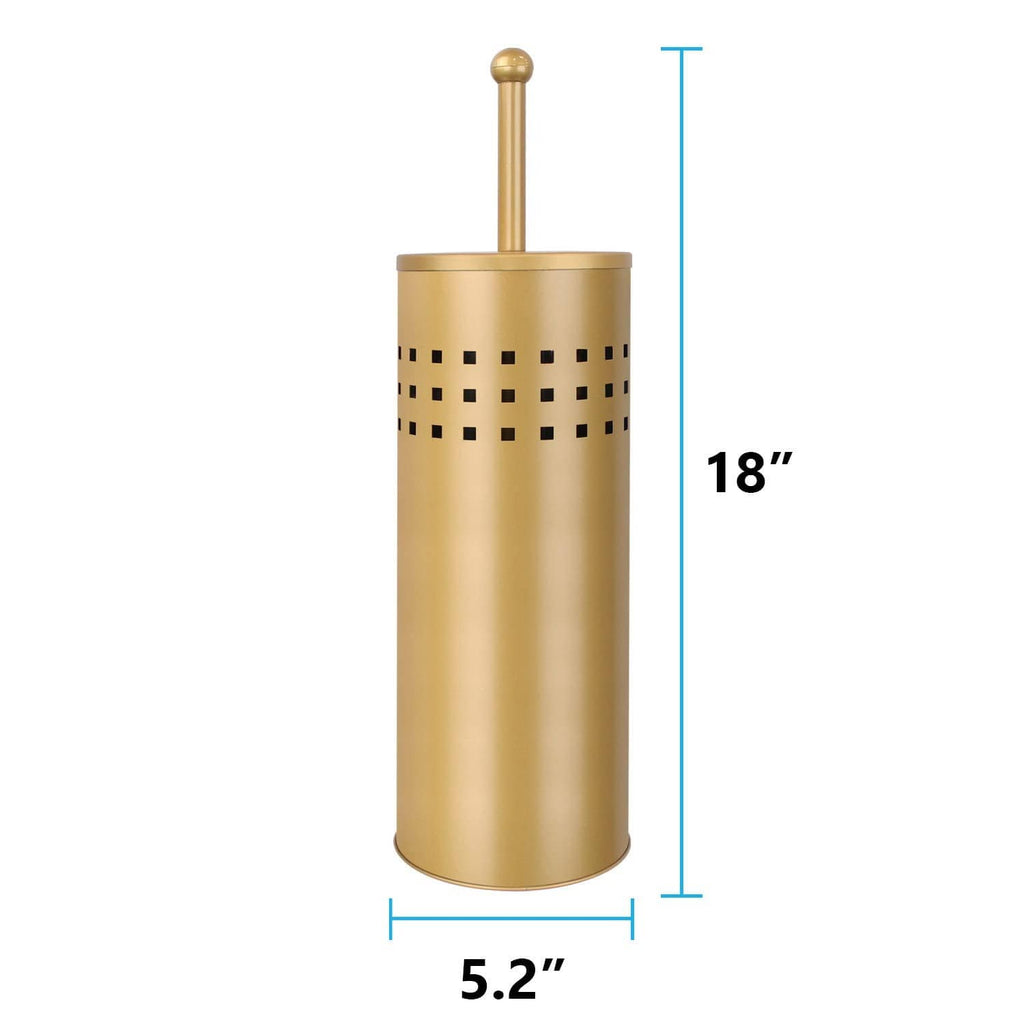 Gold toilet plunger holder with black base; overall size shown