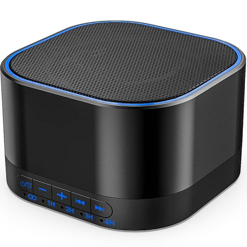 Black sound machine with top speaker grille and blue edge ring