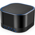 Black sound machine with top speaker grille and blue edge ring