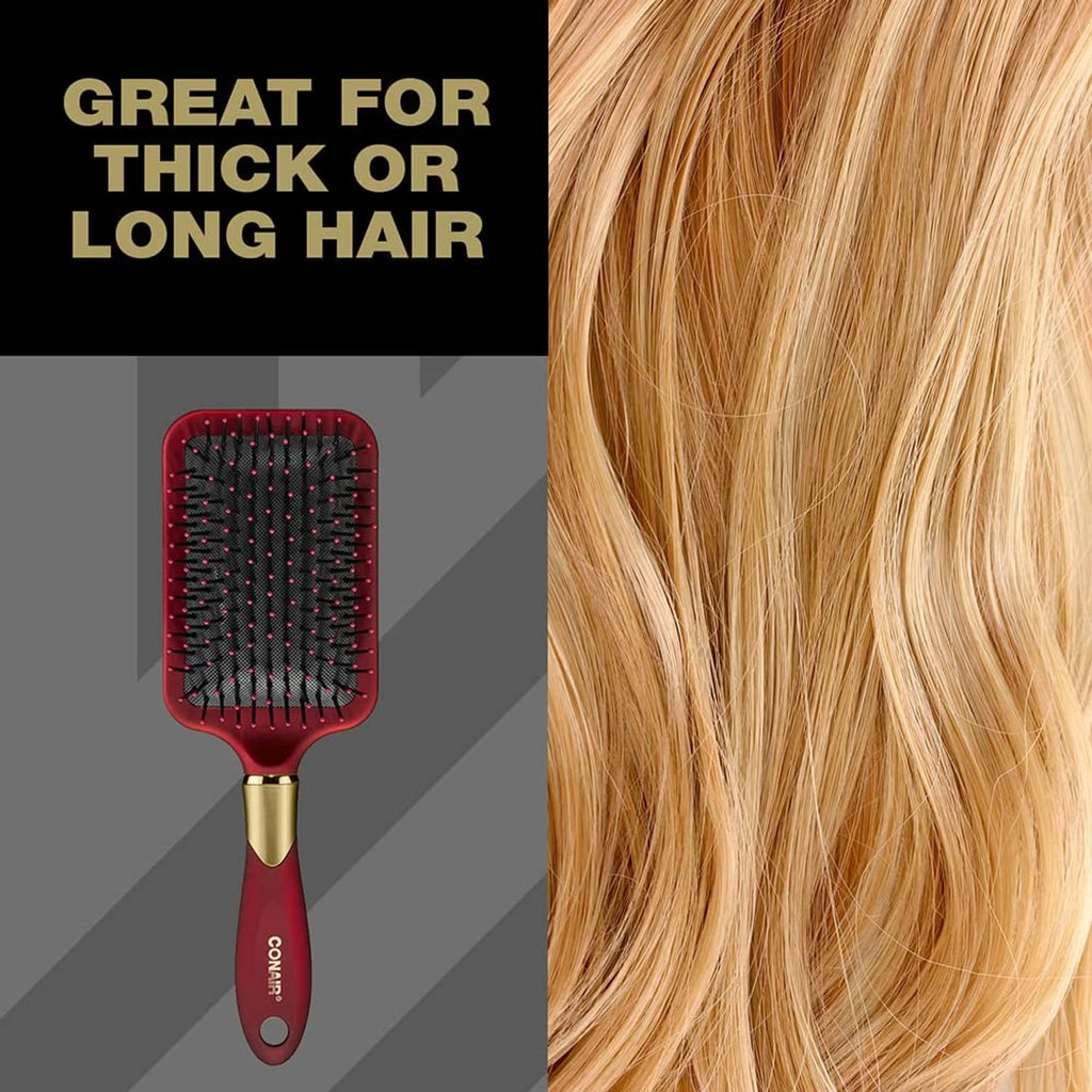 Red velvet touch paddle hair brush with cushioned base and ball-tipped nylon bristles