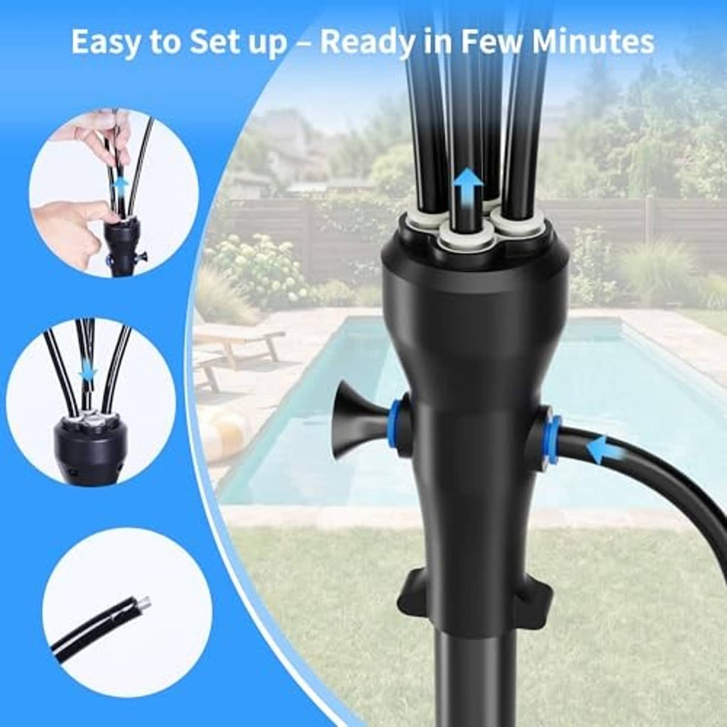 Standing mist system base with black reservoir and blue tubing for quick setup