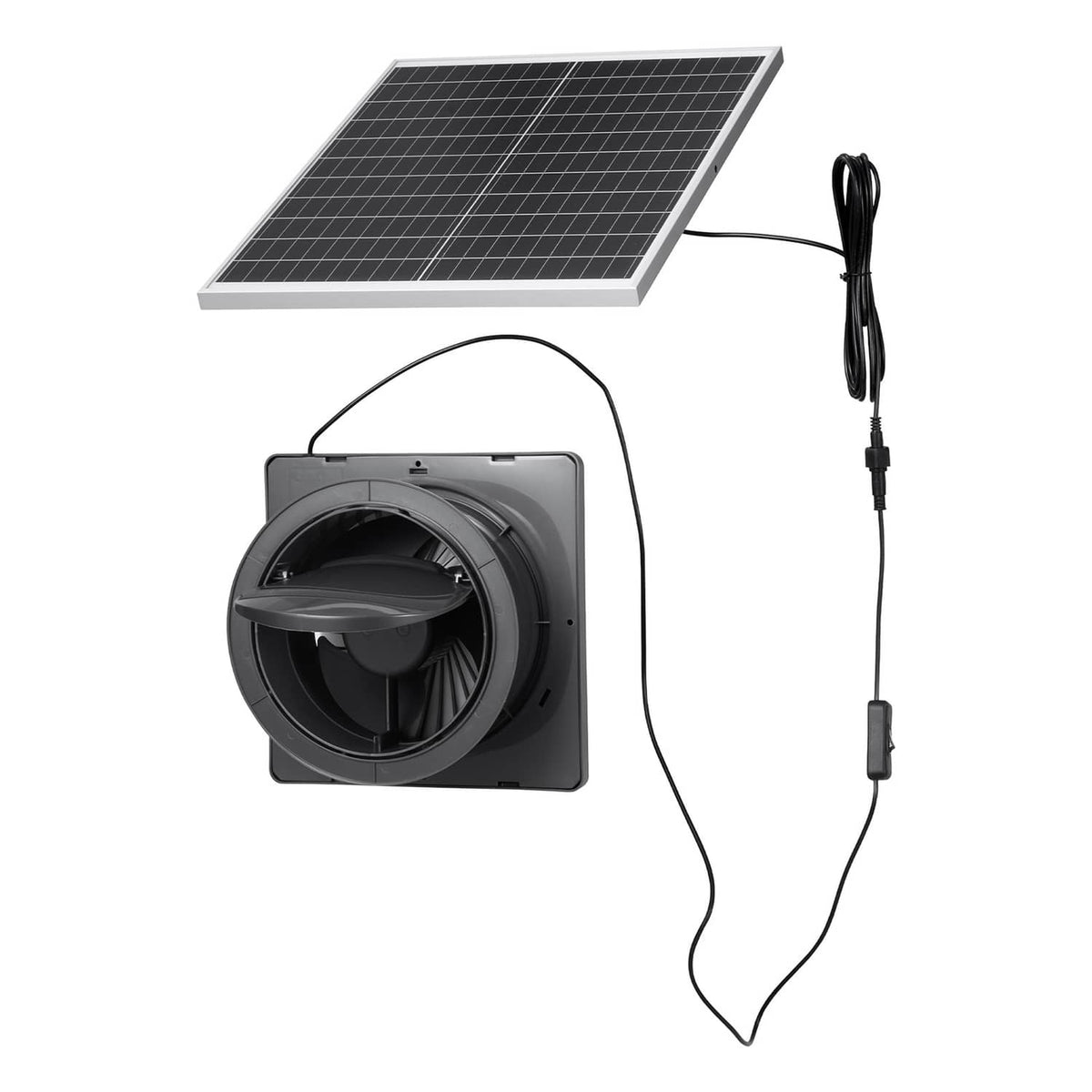 Solar ventilation fan kit with black square fan housing and solar panel, includes power cable