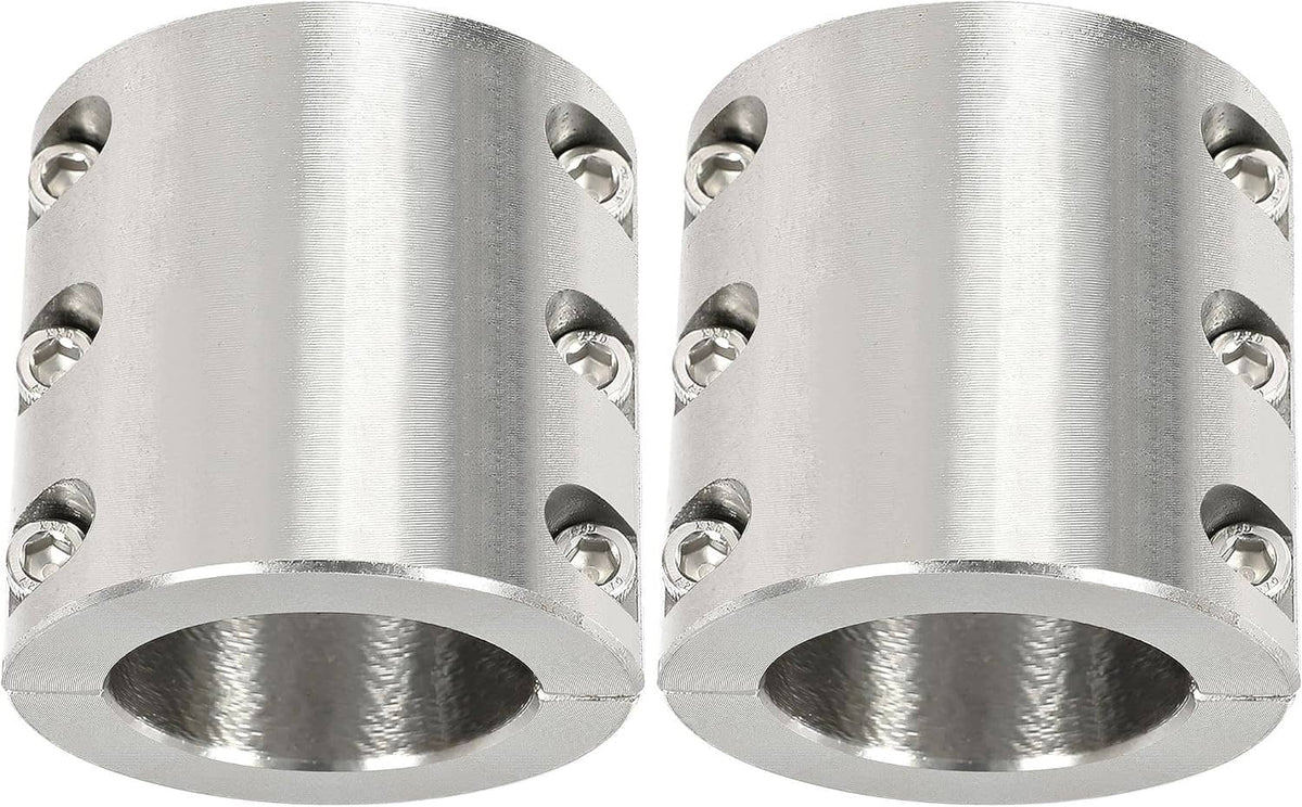 Brushed metal split-collar tube clamps with curved ends and side bolt holes (pair)