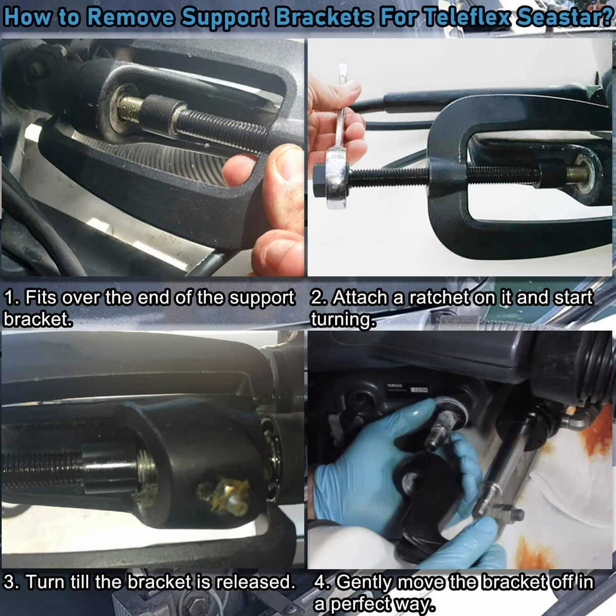 Steering support bracket puller tool shown in use with threaded rod and mounting points