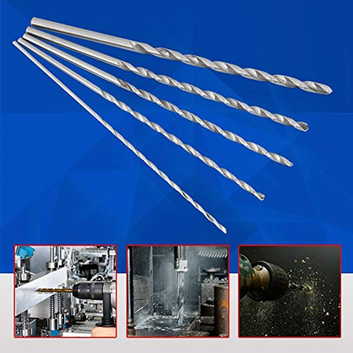 Long spiral twist drill bit set, five silver bits arranged on a blue background