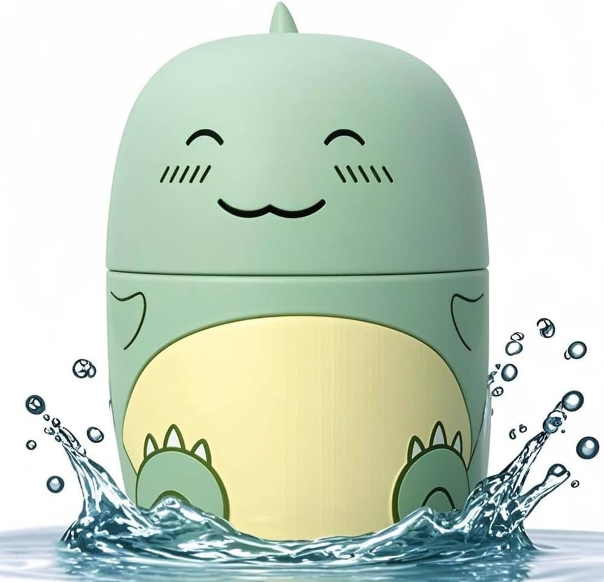 Mint green dinosaur-shaped toilet cleaner bottle with smiling face and yellow belly
