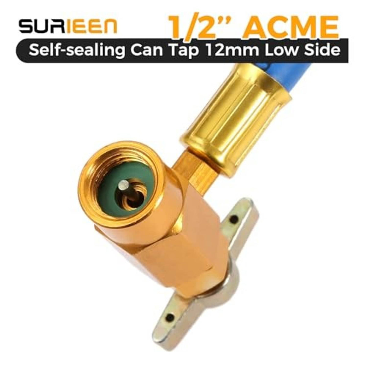 Self-sealing can tap valve with brass fitting and threaded inlet for AC can
