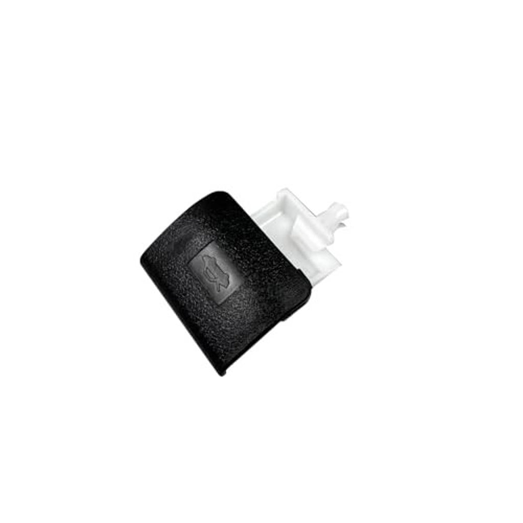 Hood release latch handle with black cover and arrow-marked button