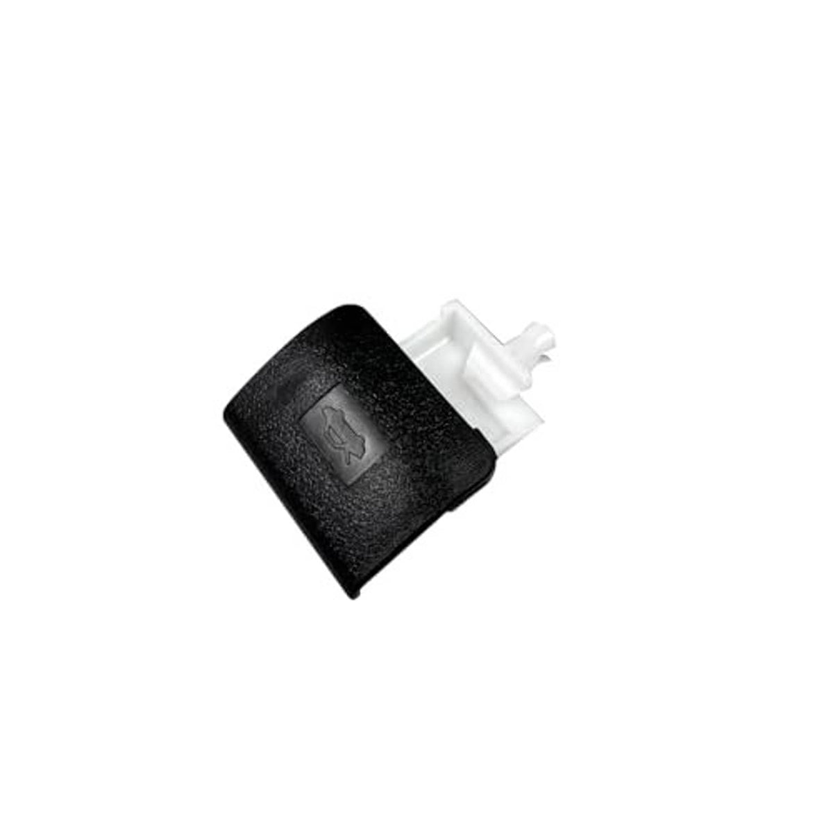 Hood release latch handle with black cover and arrow-marked button