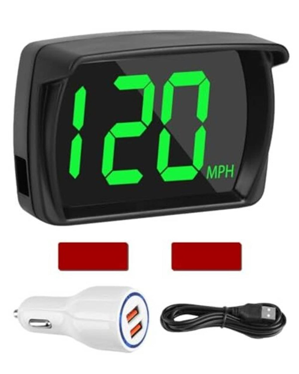 Black GPS HUD speedometer with green 120 MPH digits, plus power plug and cable.