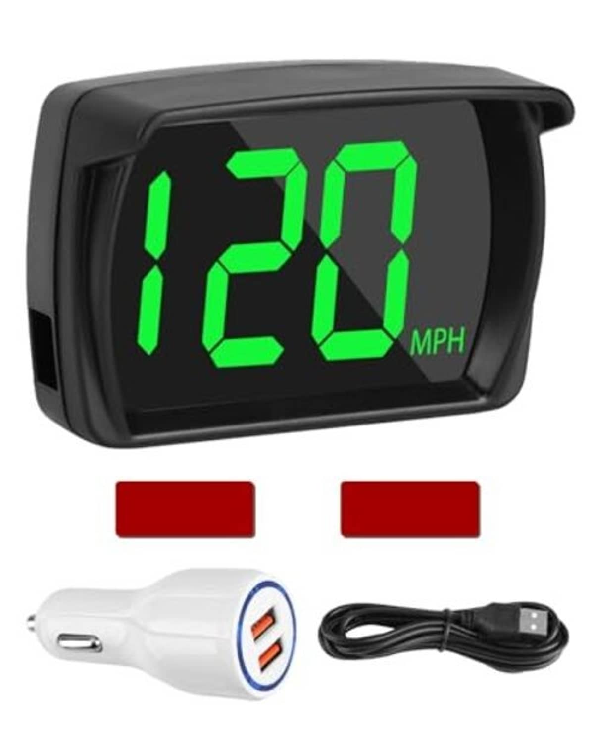 Black GPS HUD speedometer with green 120 MPH digits, plus power plug and cable.