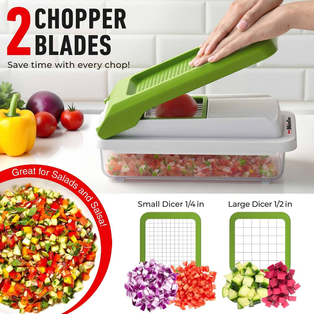 Green mandoline slicer chopper with clear container filled with mixed chopped vegetables