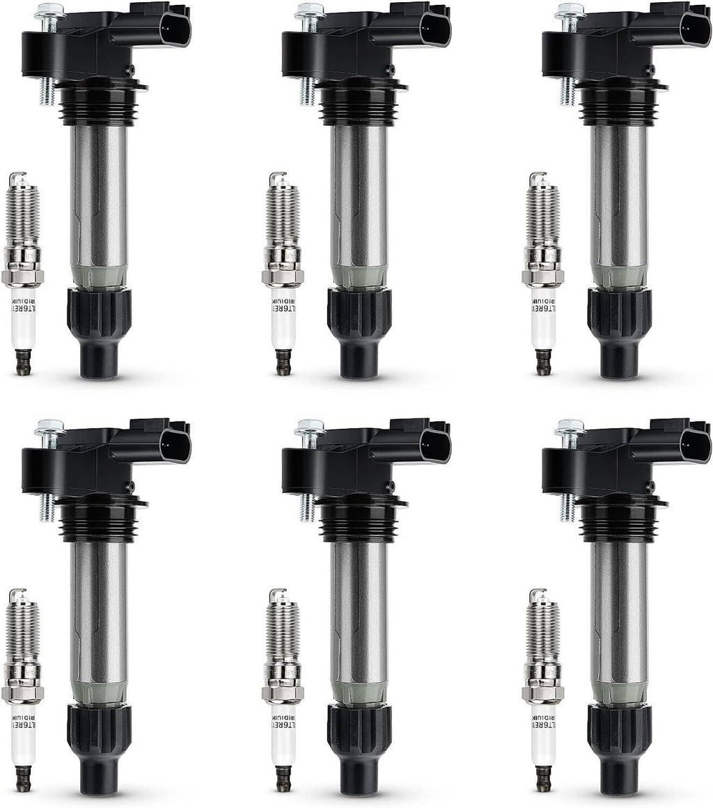 Six ignition coils with spark plugs, front view set of black and silver parts