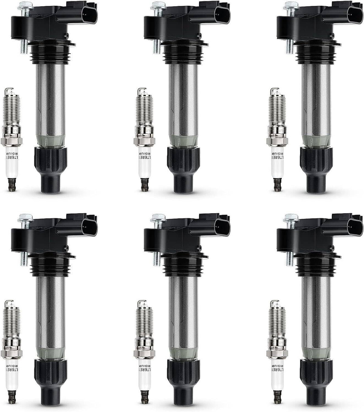 Six ignition coils with spark plugs, front view set of black and silver parts
