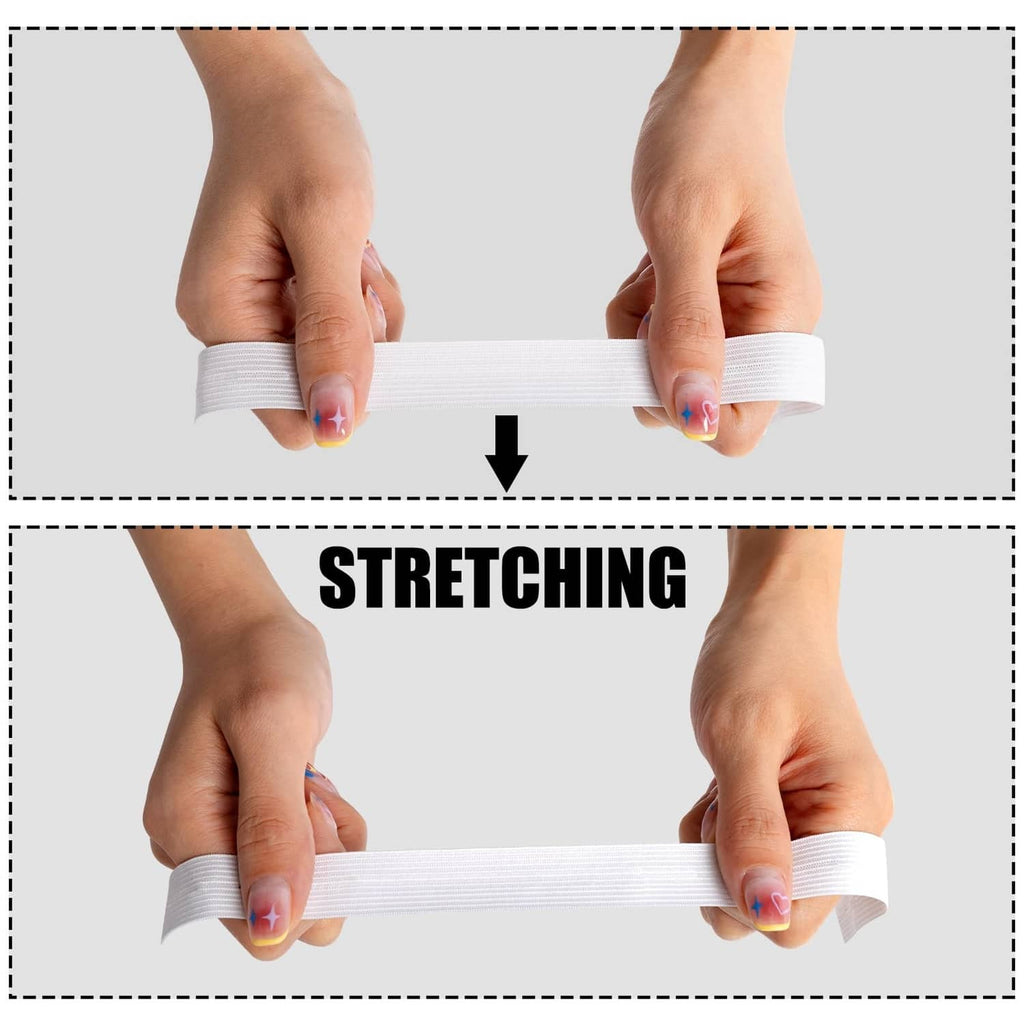Hands stretching white 3/4 inch sewing elastic band
