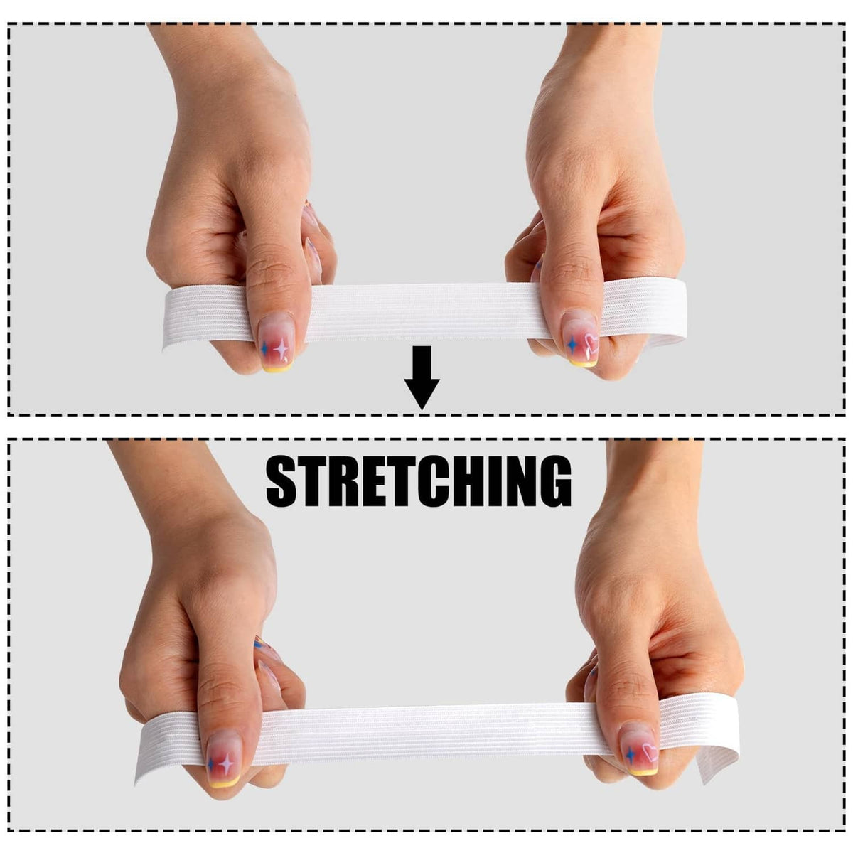 Hands stretching white 3/4 inch sewing elastic band