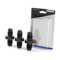 Black aluminum straight male-to-male AN pipe adapter fitting, shown with three pieces on card