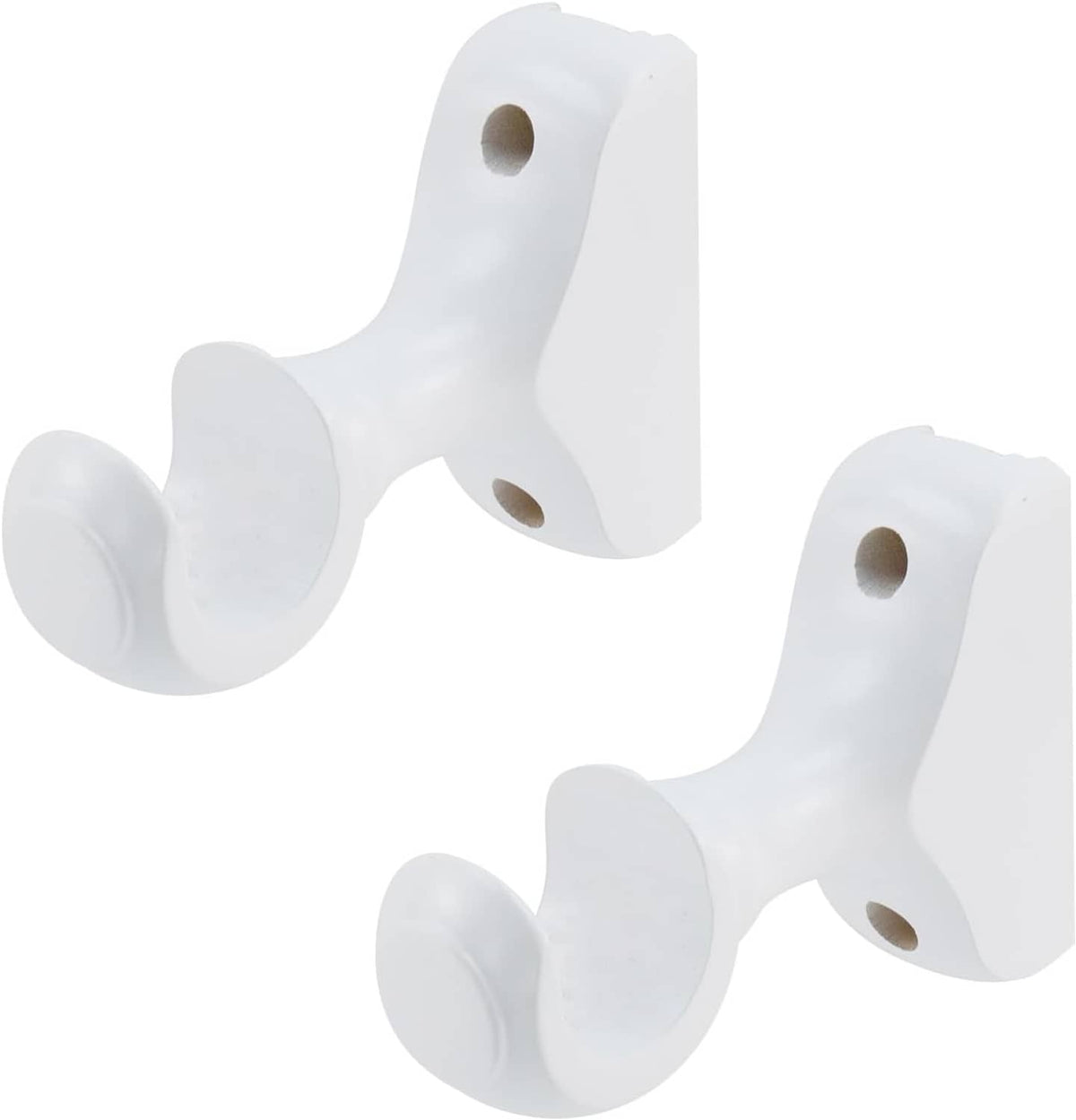 White curtain rod bracket pair with hook profile and screw mounting holes