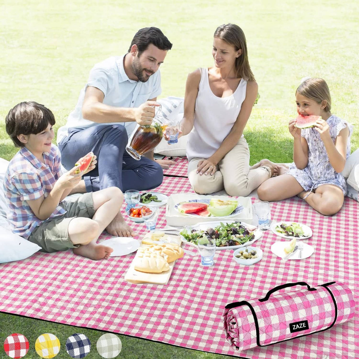 Pink and white check waterproof picnic blanket, folded roll with carry strap