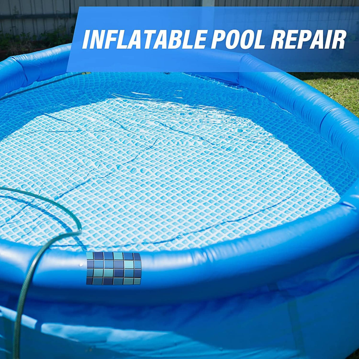 Blue inflatable pool with blue-green mosaic vinyl repair patch panel