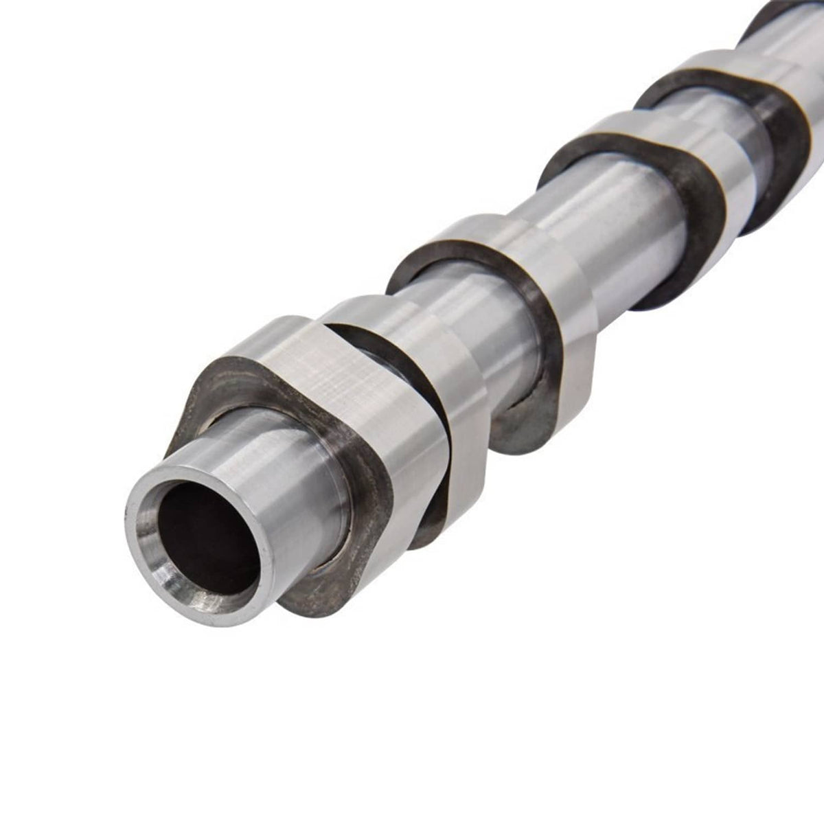 Intake camshaft with side view of metal journals and dark seal bands