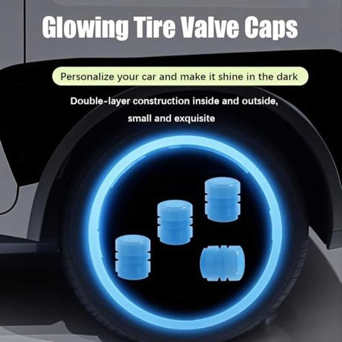 Glowing blue tire valve caps with bright circular halo light around a wheel