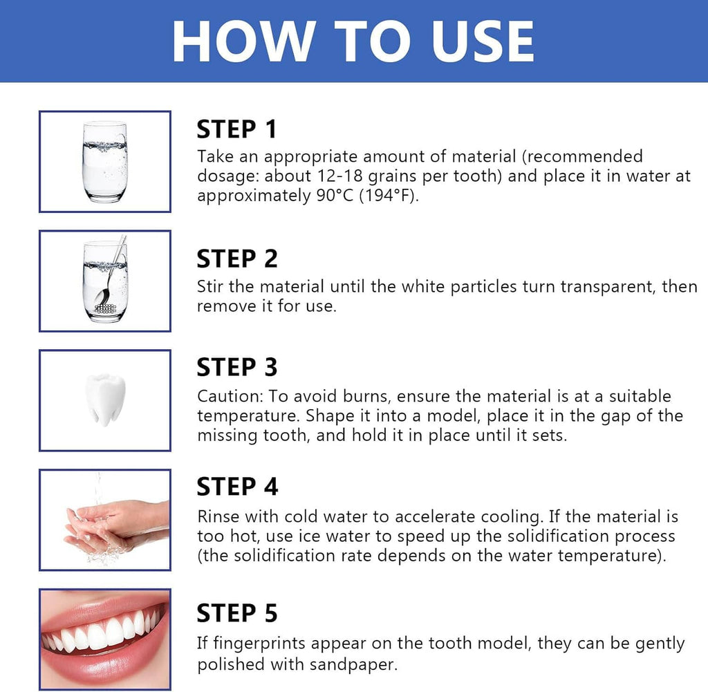 Moldable false teeth use guide diagram showing step-by-step preparation and molding