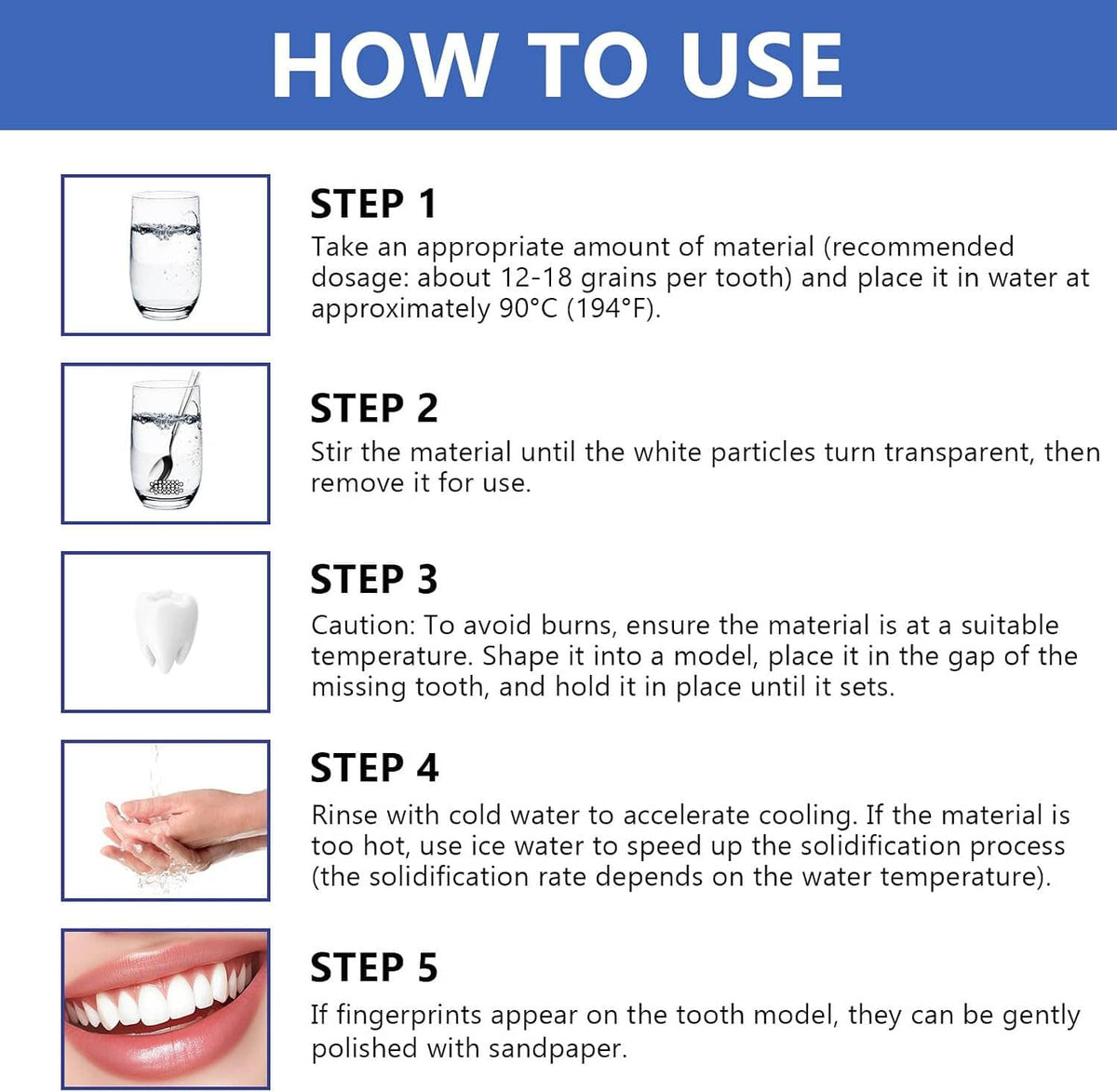 Moldable false teeth use guide diagram showing step-by-step preparation and molding