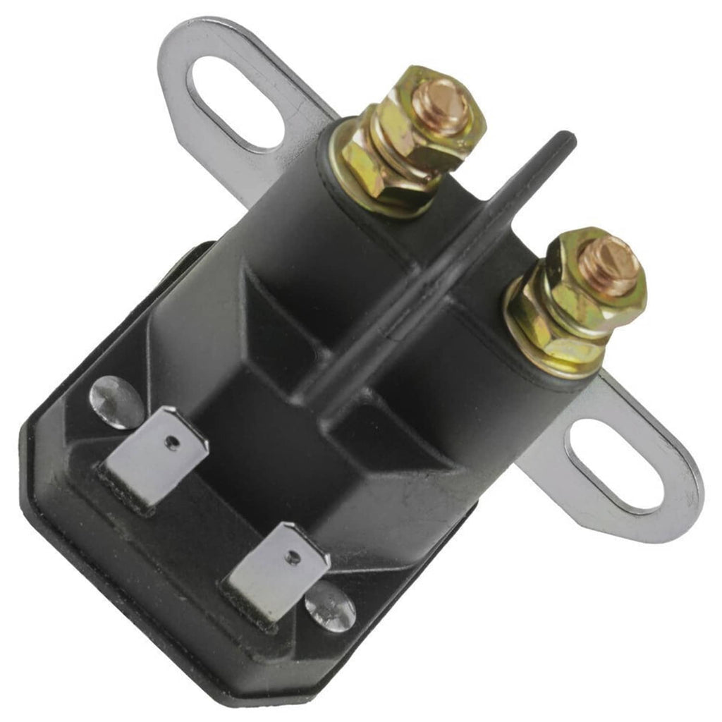 Starter relay solenoid with black body, silver mounting tabs, and two gold threaded studs