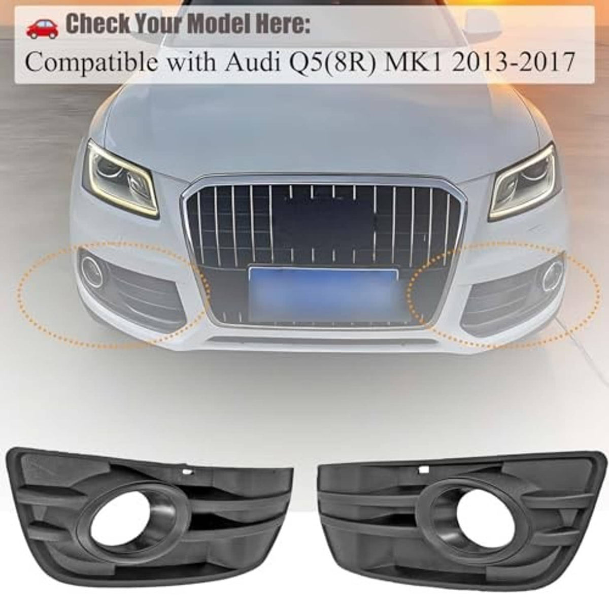 Black fog light grille insert covers shown installed and as a pair with round openings