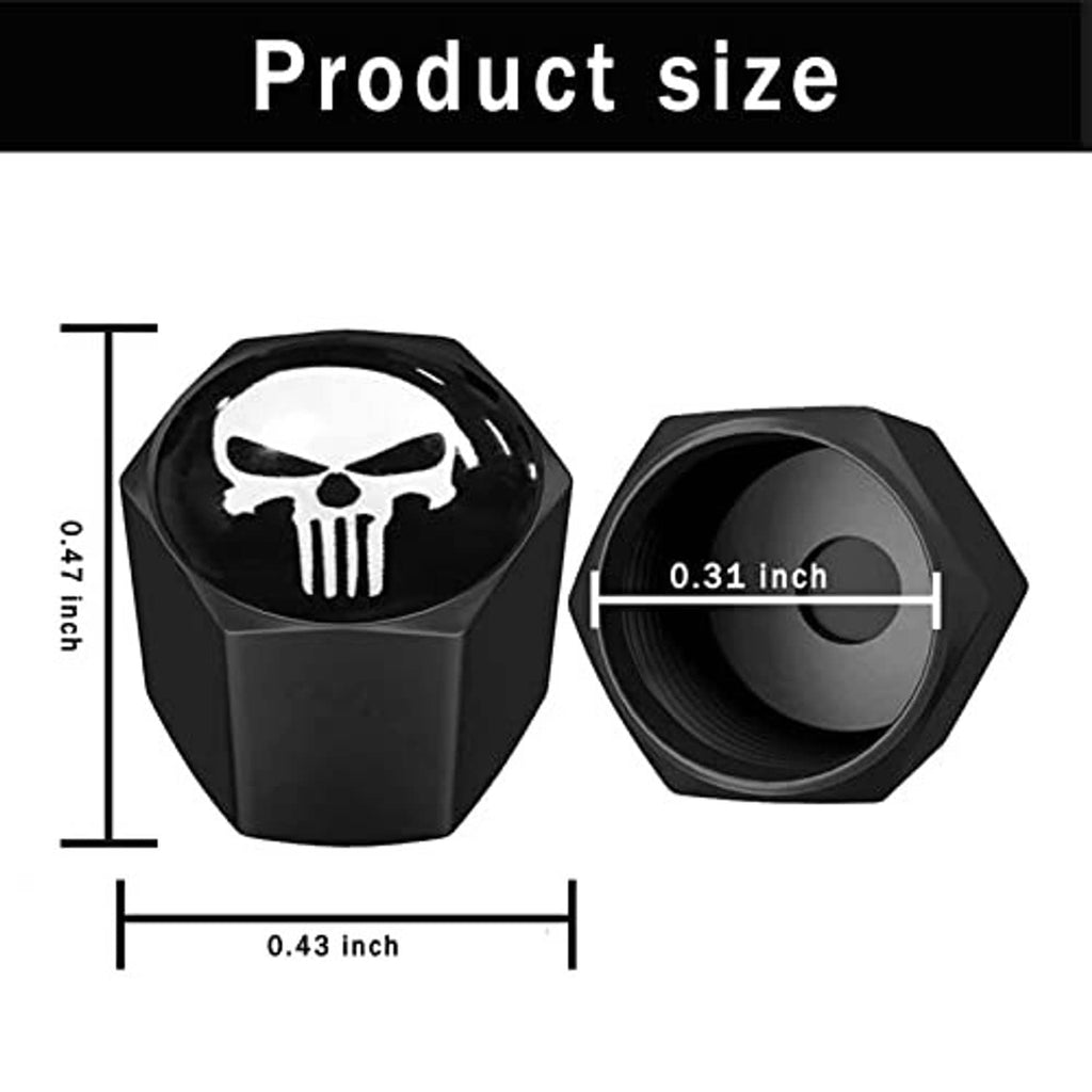 Black skull tire valve stem cap dimensions shown; hex cap with white skull emblem