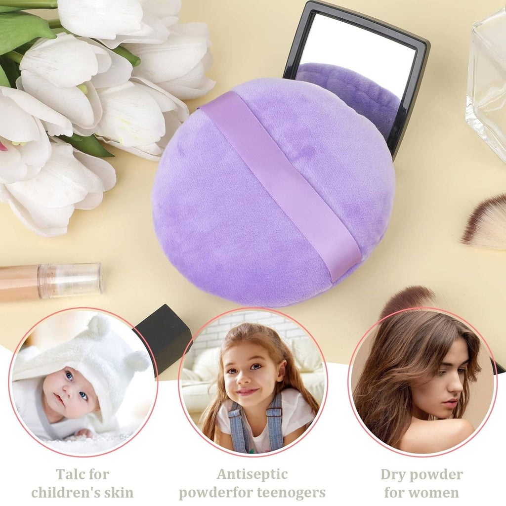Lavender round velour body puff with light-lavender center strap, used for makeup