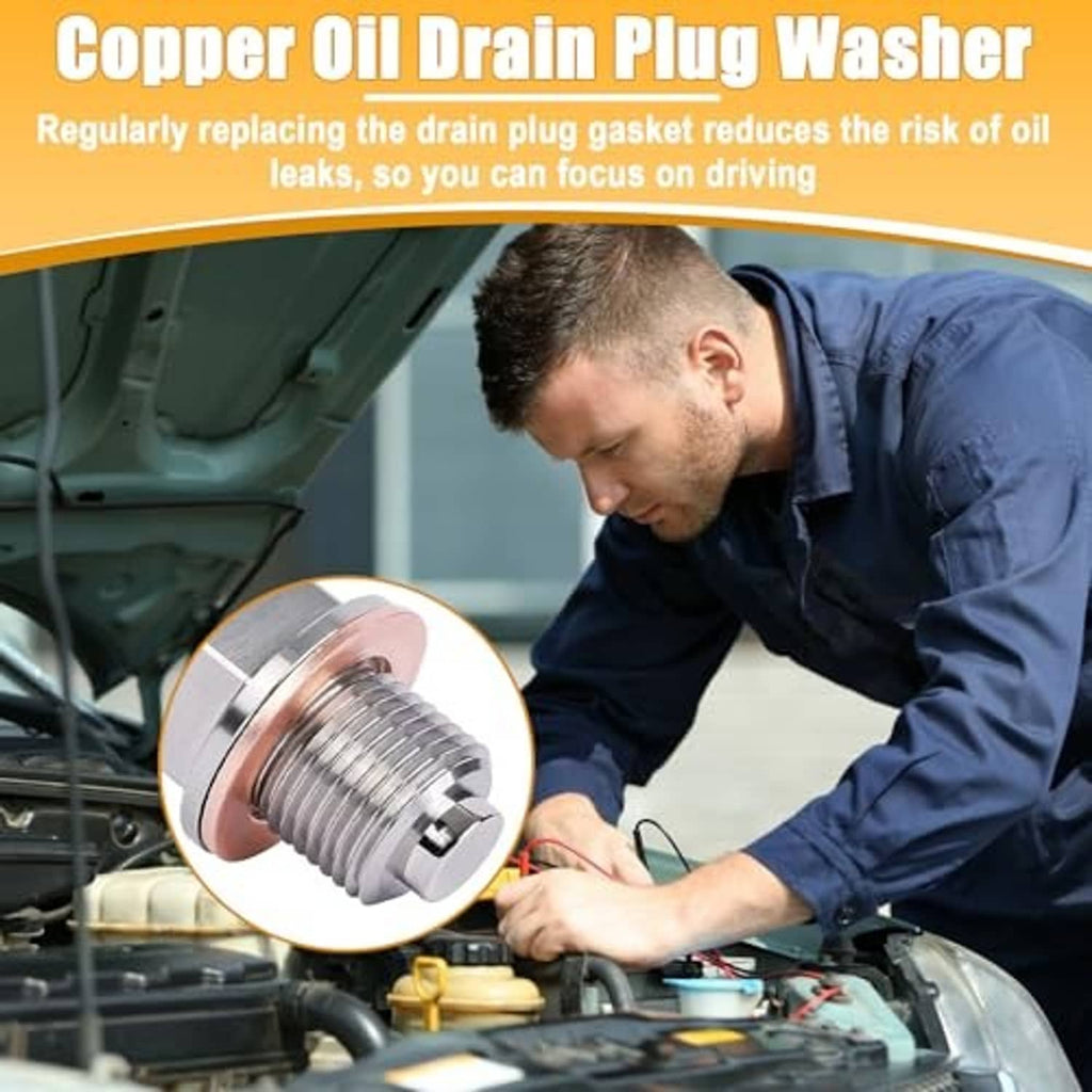 Copper oil drain plug washer on threaded plug, round flat crush gasket with hole