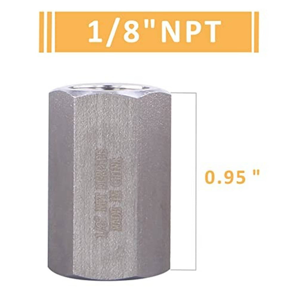 1/8" NPT full hex coupling, stainless steel 304, single piece with threaded bore