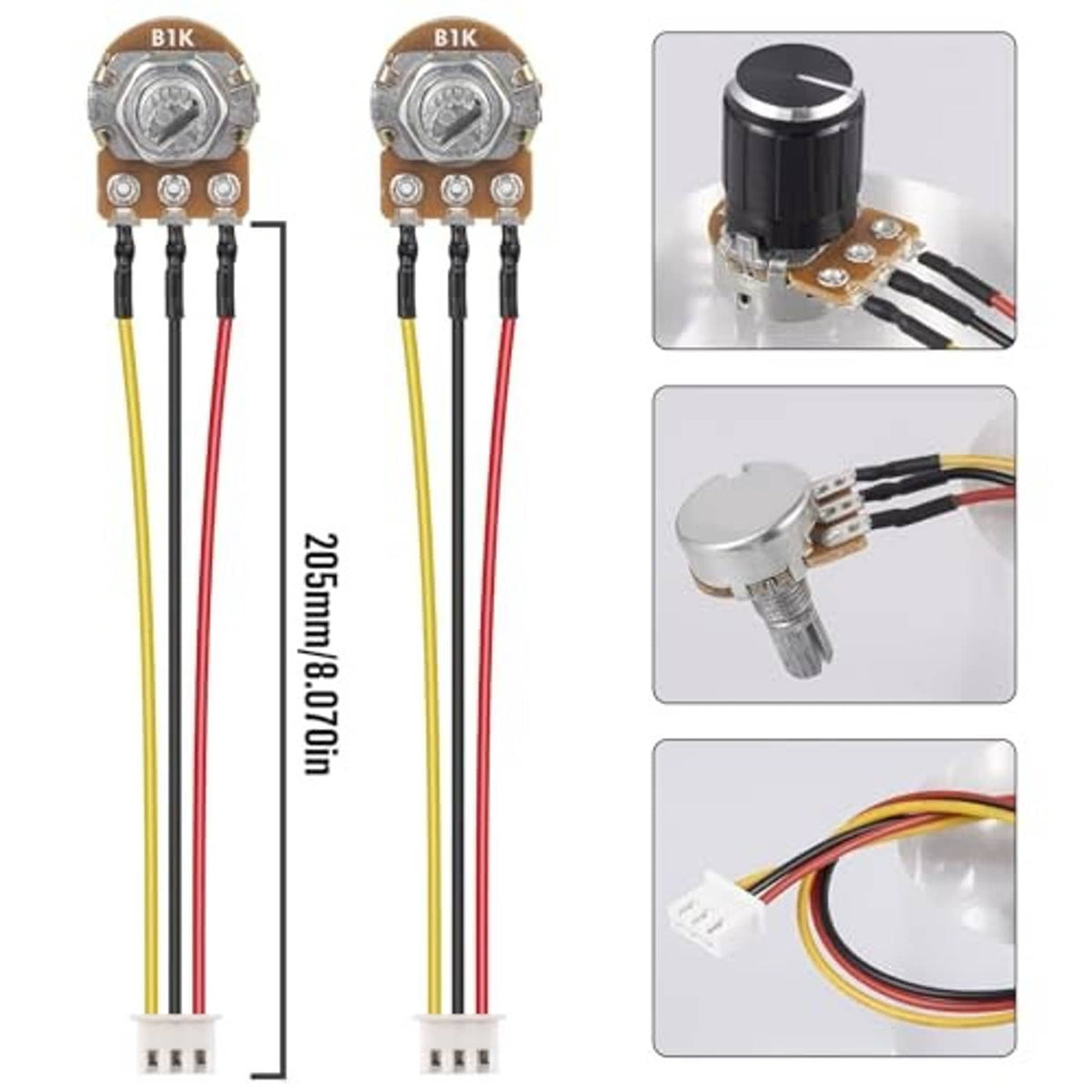 Rotary potentiometer with three pins, multicolor wires, and metal mounting bracket in closeups