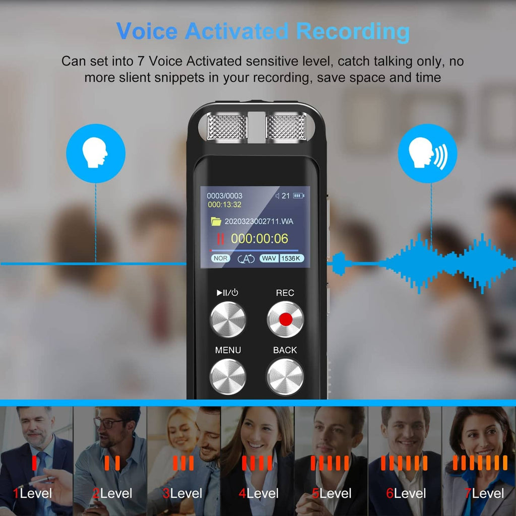 Black digital voice recorder with LCD and large circular buttons, voice-activated sound bars