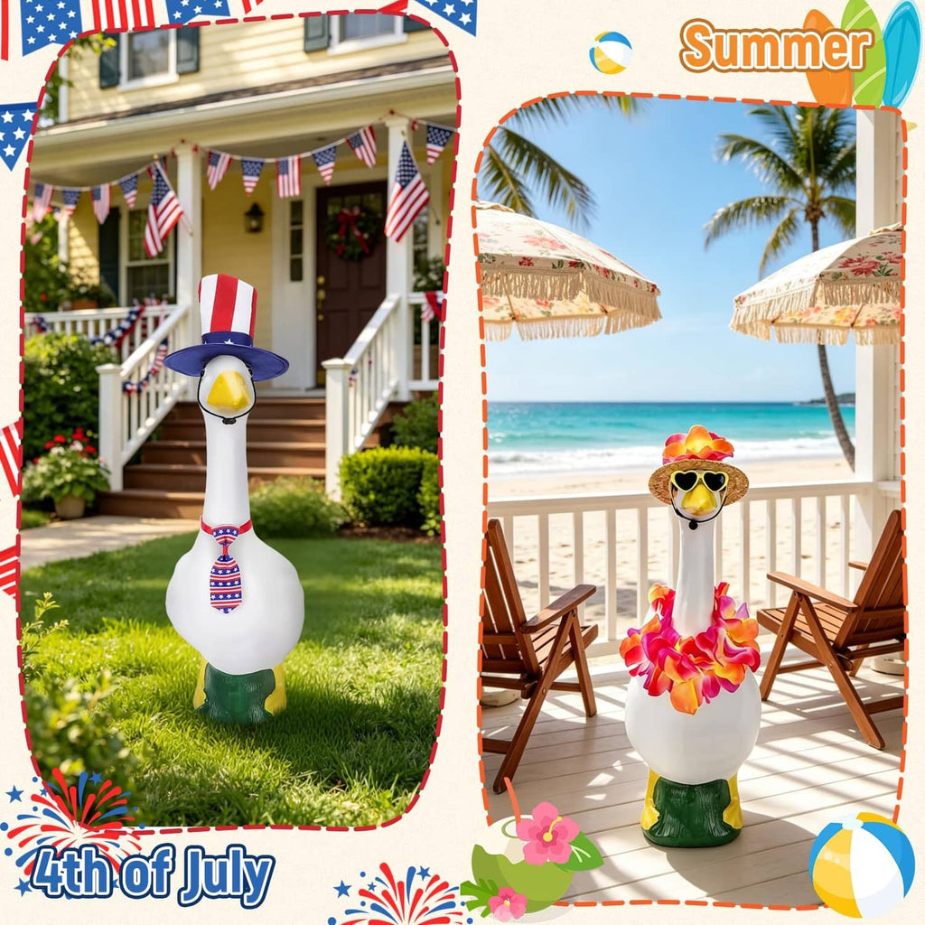 Decorative porch goose wearing a red white and blue tall hat with patterned bow tie