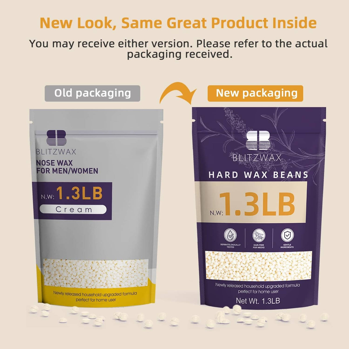 BLITZWAX hard wax beans cream pack shown with old and new packaging