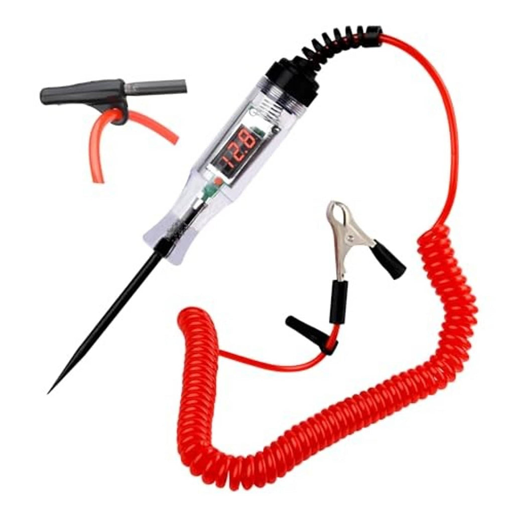 Automotive voltage tester with LED display, probe tip, red coiled cord, and clamp leads
