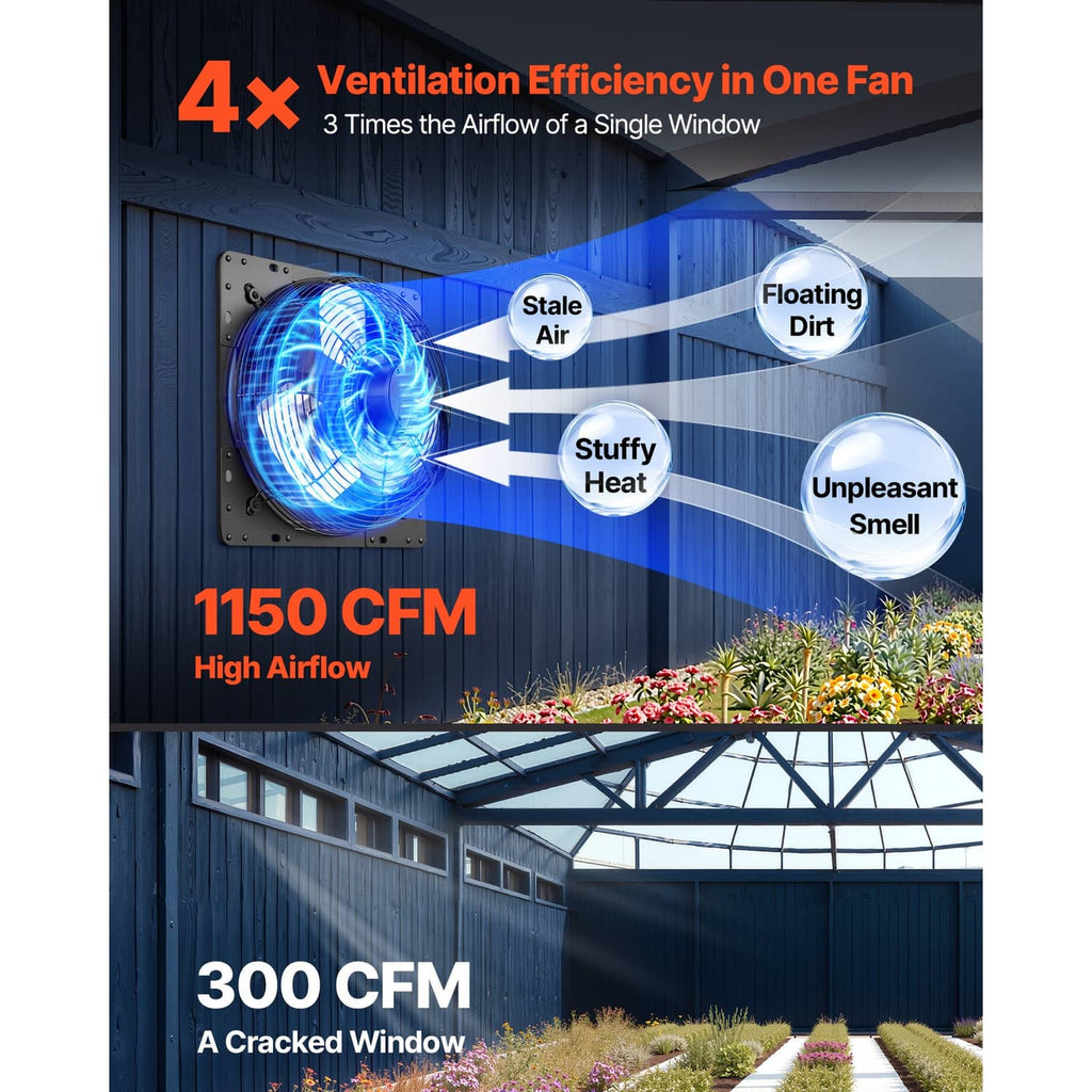Wall-mounted exhaust fan airflow graphic with ventilation efficiency icons