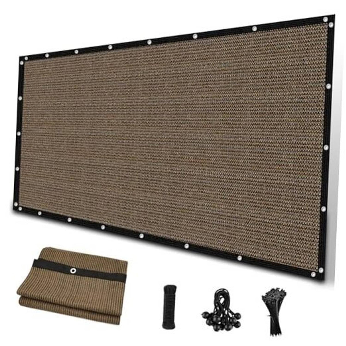 Woven sun shade cloth panel with metal grommets, brown mesh weave border