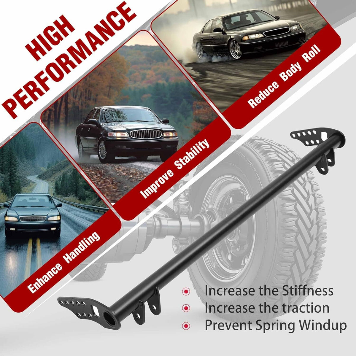 Black front traction tie bar with perforated brackets and curved mounting ends