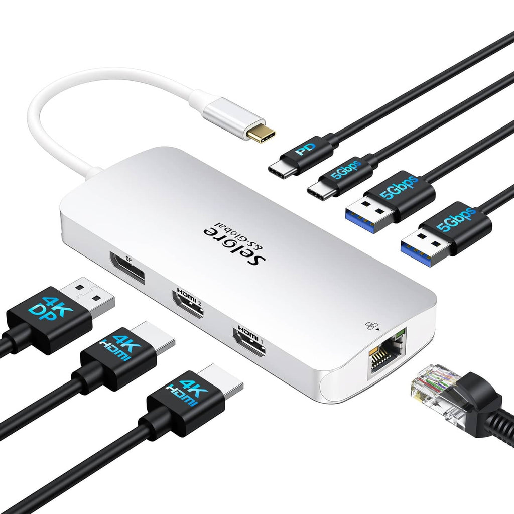 Silver USB-C docking station with multiple ports and connected cables