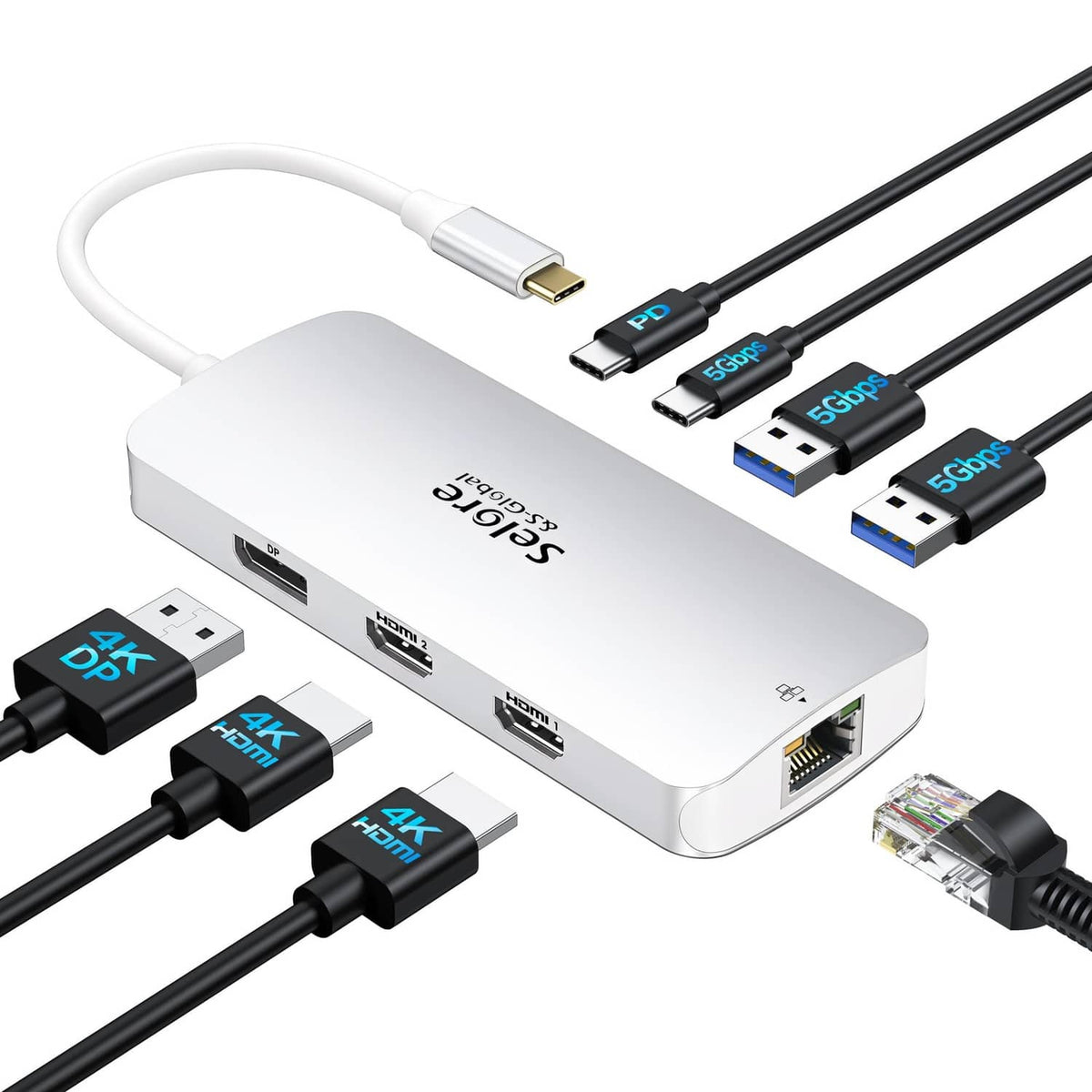 Silver USB-C docking station with multiple ports and connected cables