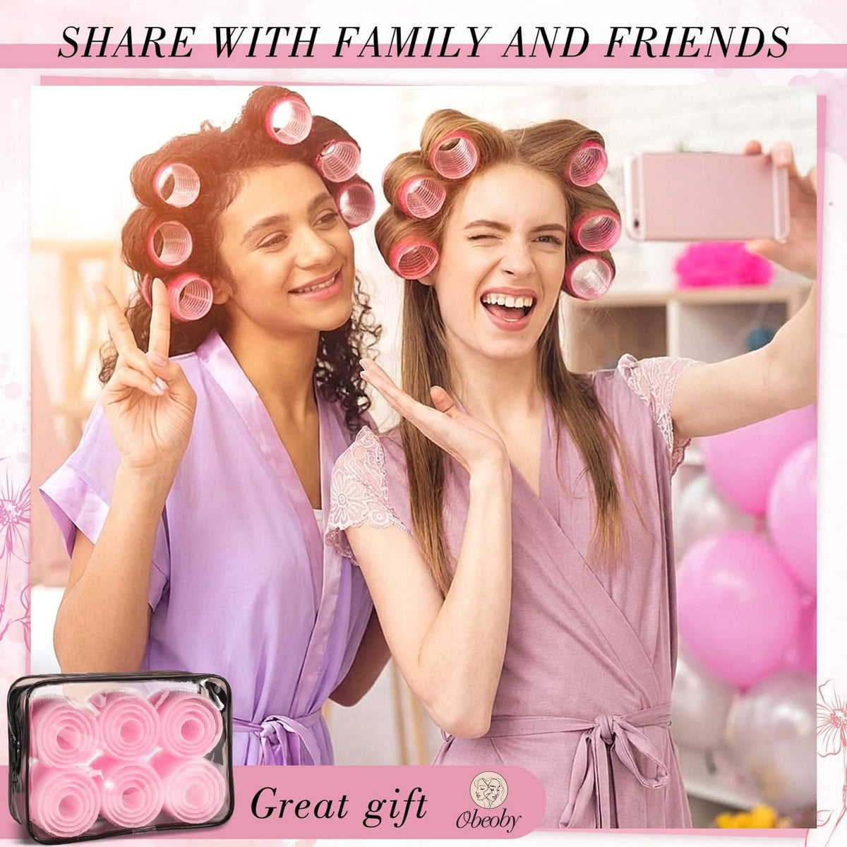 Pink self-grip hair rollers on two people’s hair with a storage case